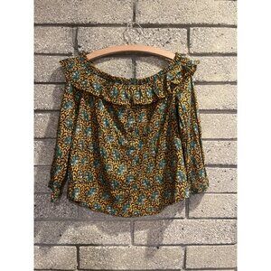 J. Crew Womens Off-Shoulder Top Size 10 Elephant Print Ruffle Collar Button-Down